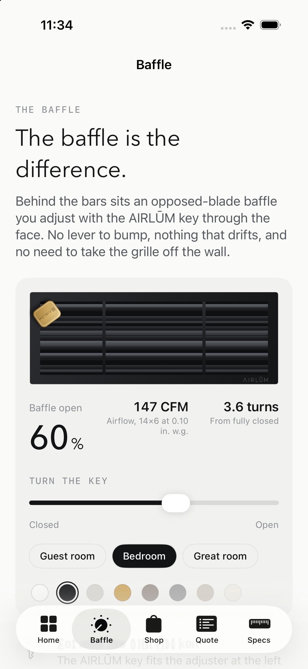 The baffle tab: drag to open the blades and watch live CFM and key turns