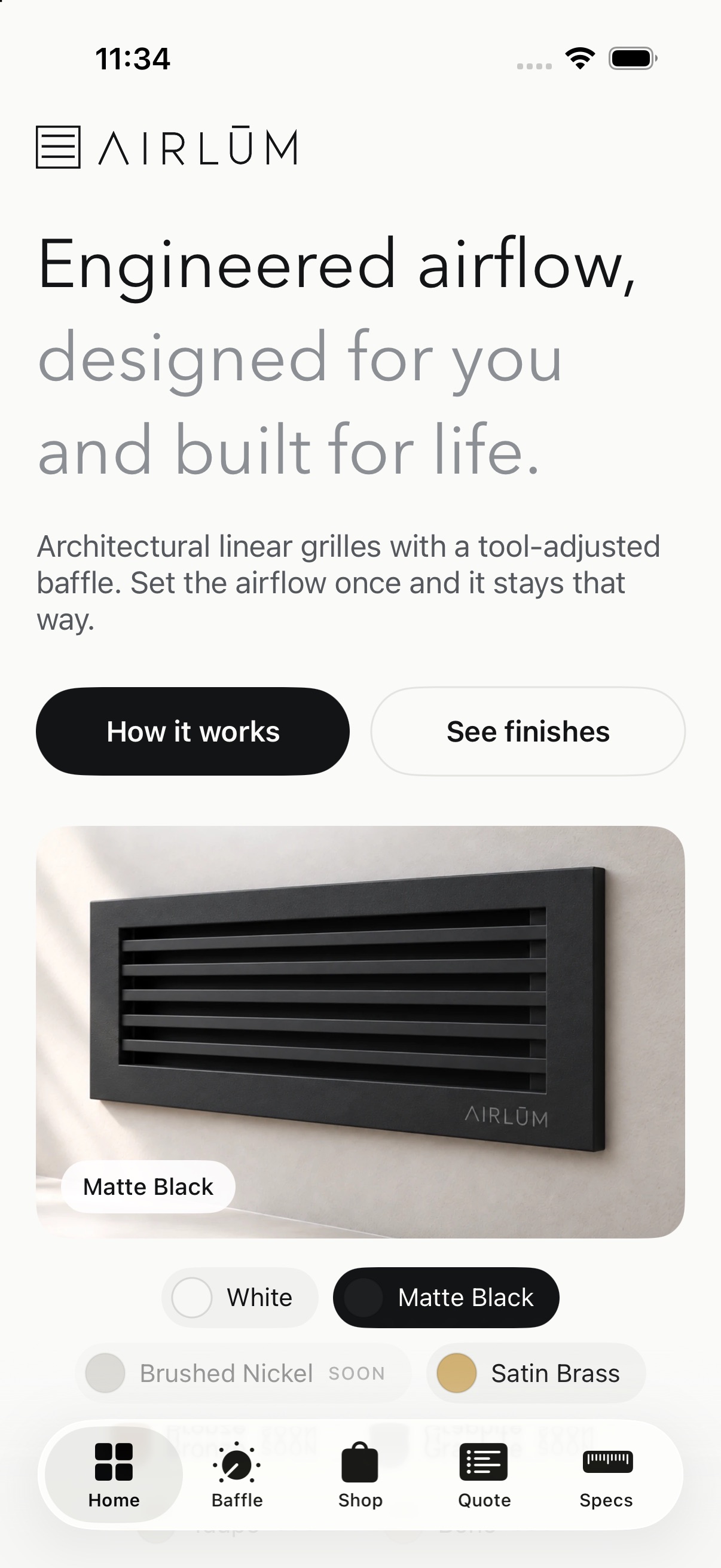 AIRLŪM iOS home with the hero grille and a finish picker