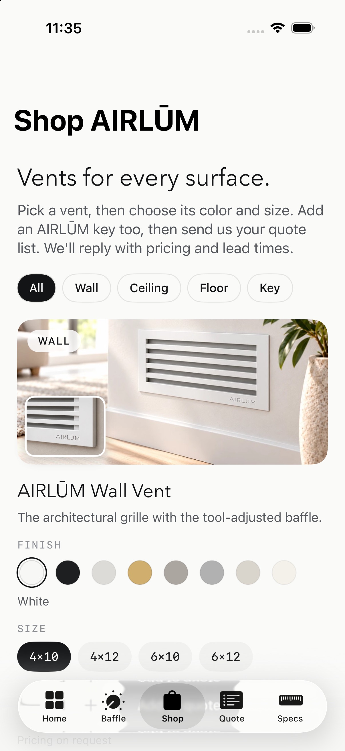 The shop tab: vents filtered by wall, ceiling, floor with finishes and sizes