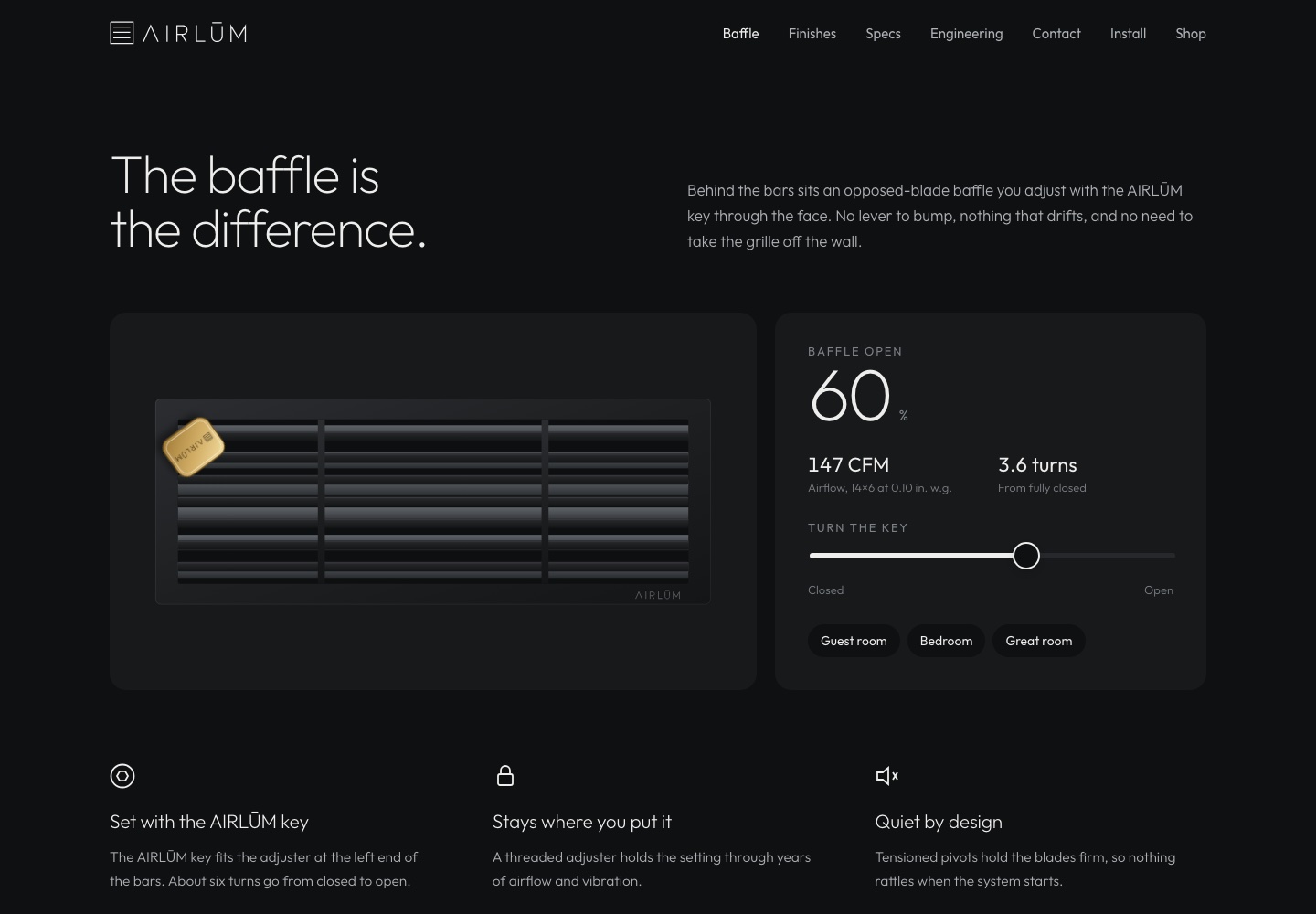 The interactive baffle page: drag the AIRLŪM key slider and watch open percentage, CFM, and turns update live