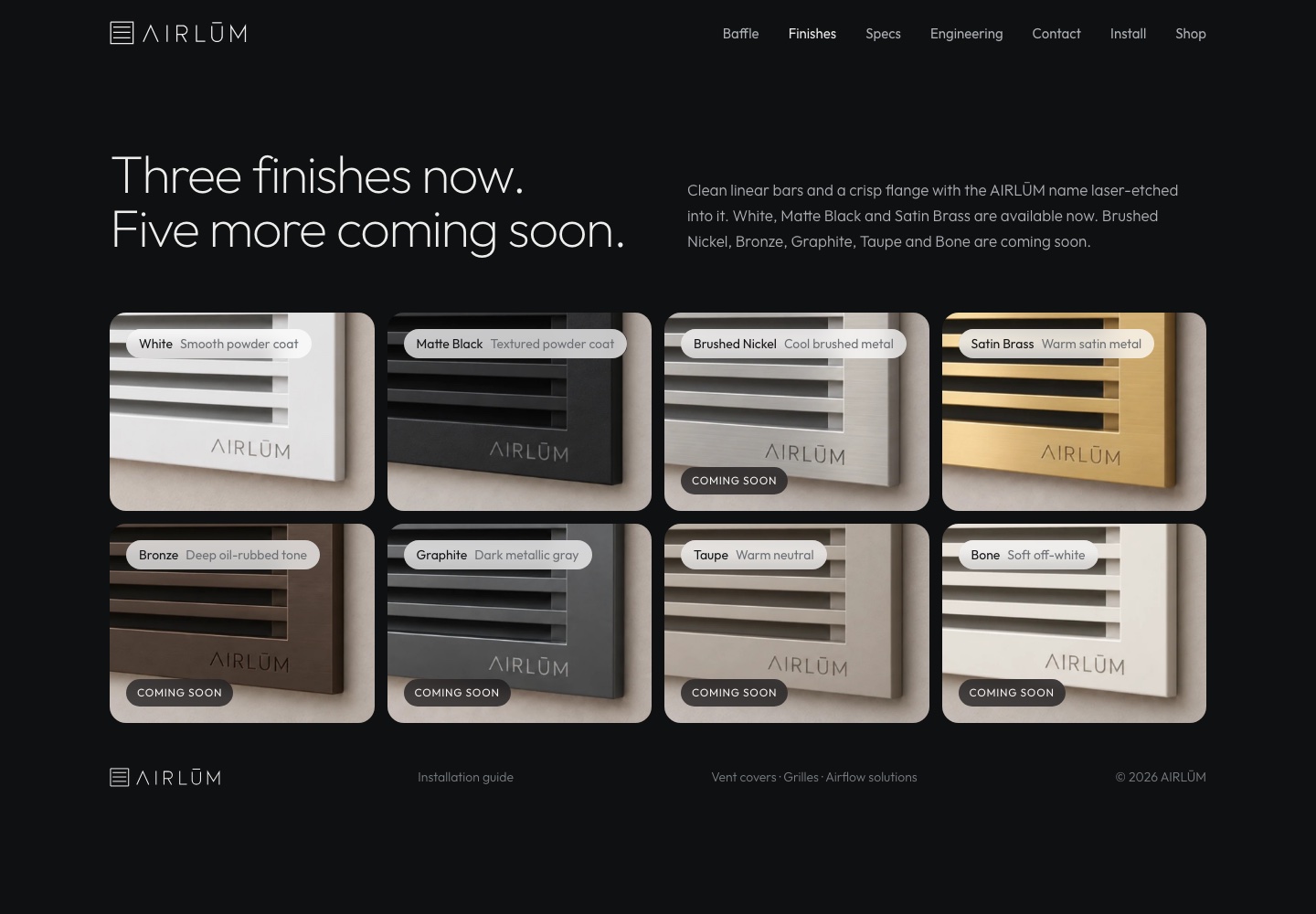 The finishes page: White, Matte Black, Satin Brass available, five more finishes coming soon
