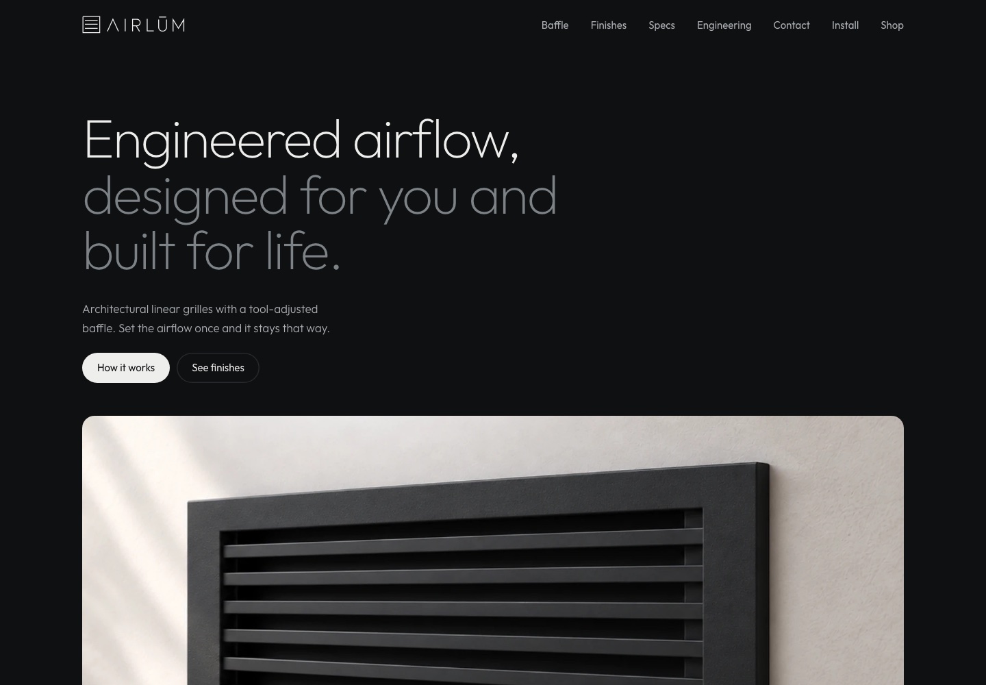 airlumvents.com home page: Engineered airflow, designed for you and built for life, with a matte black wall grille