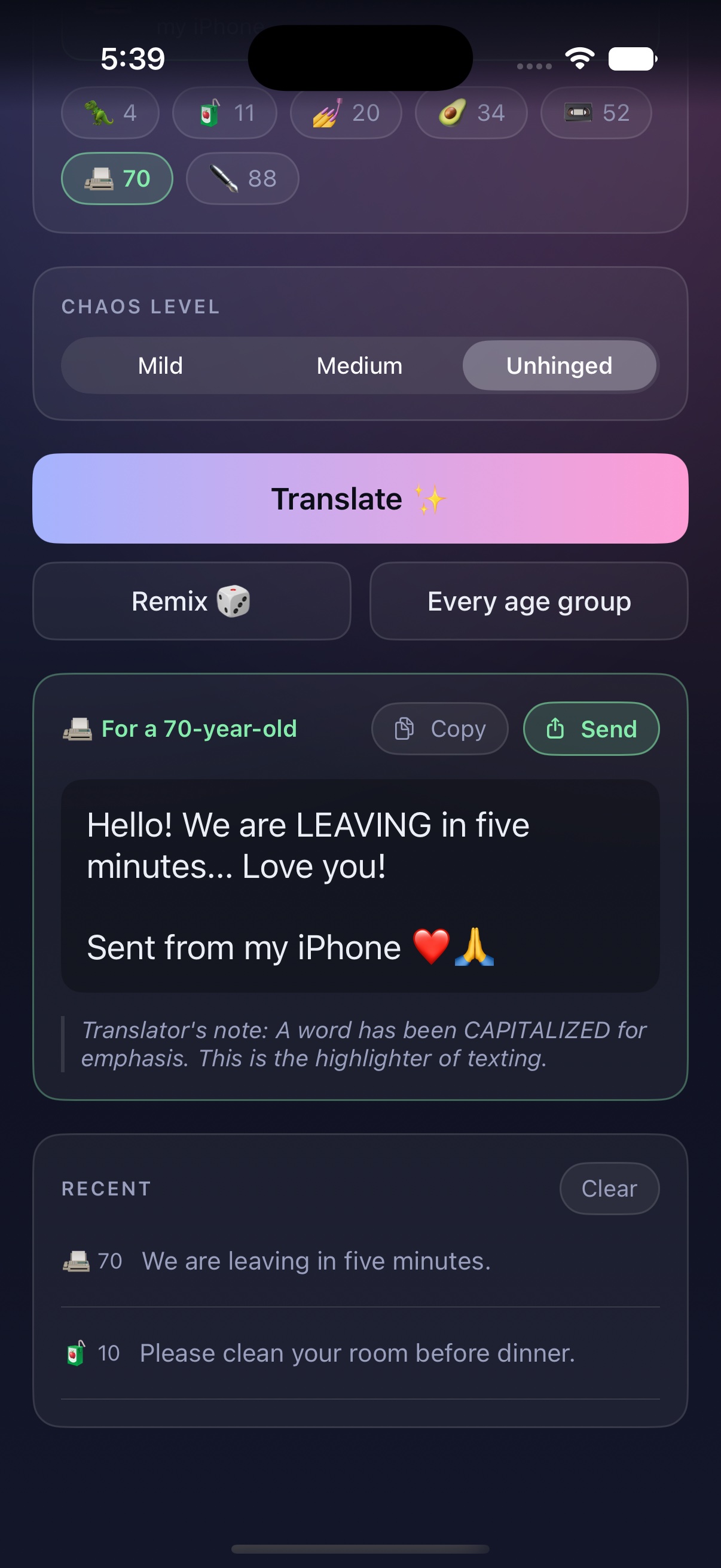 An unhinged-chaos translation for a 70-year-old