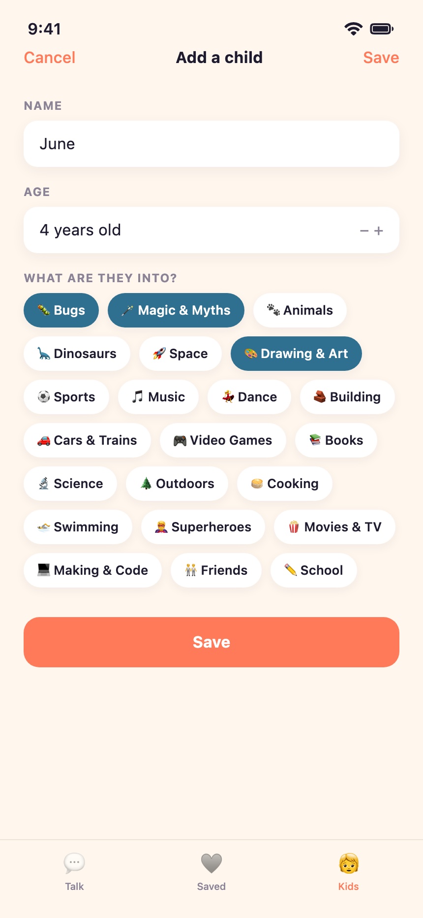 ConvoLoon add-a-child form with age and 22 interest chips
