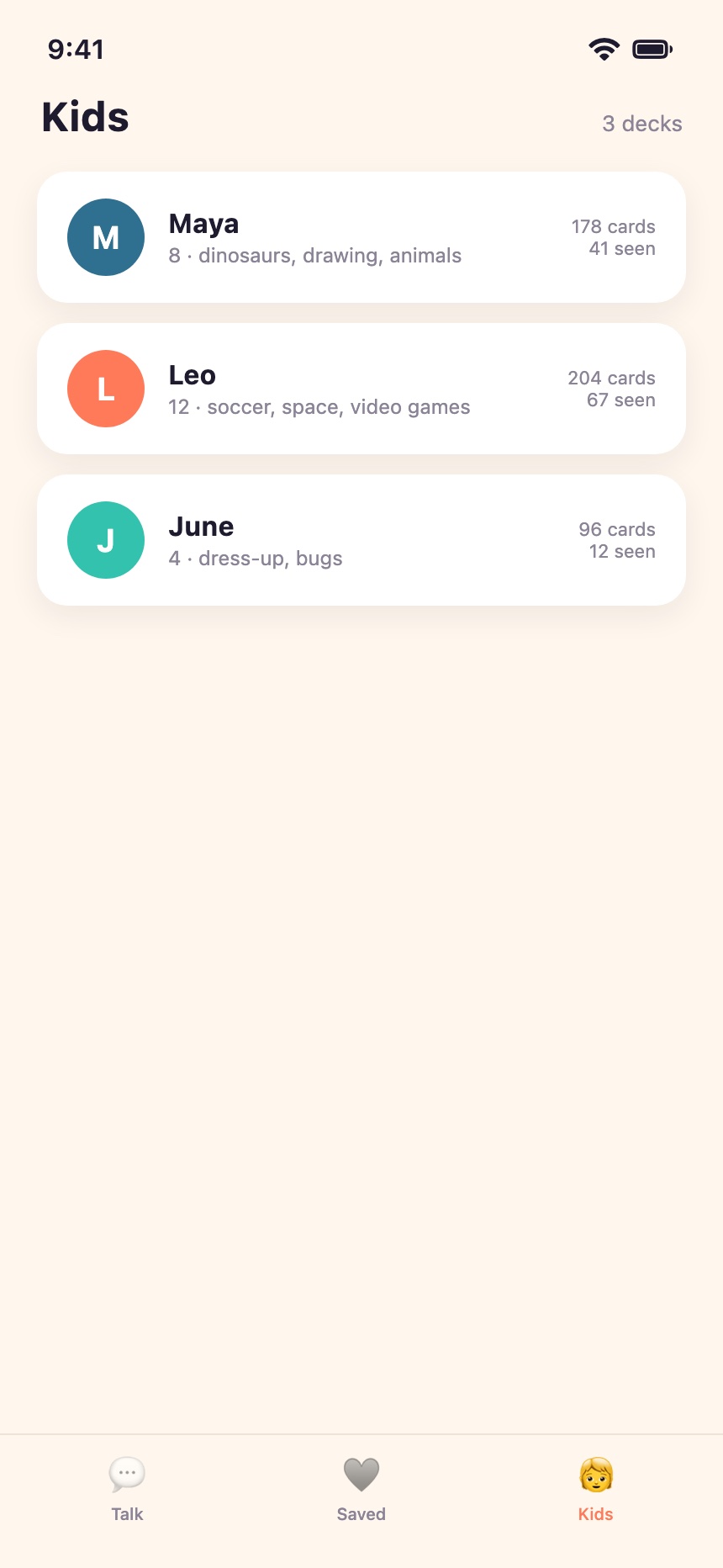 ConvoLoon Kids tab: each child with their own deck