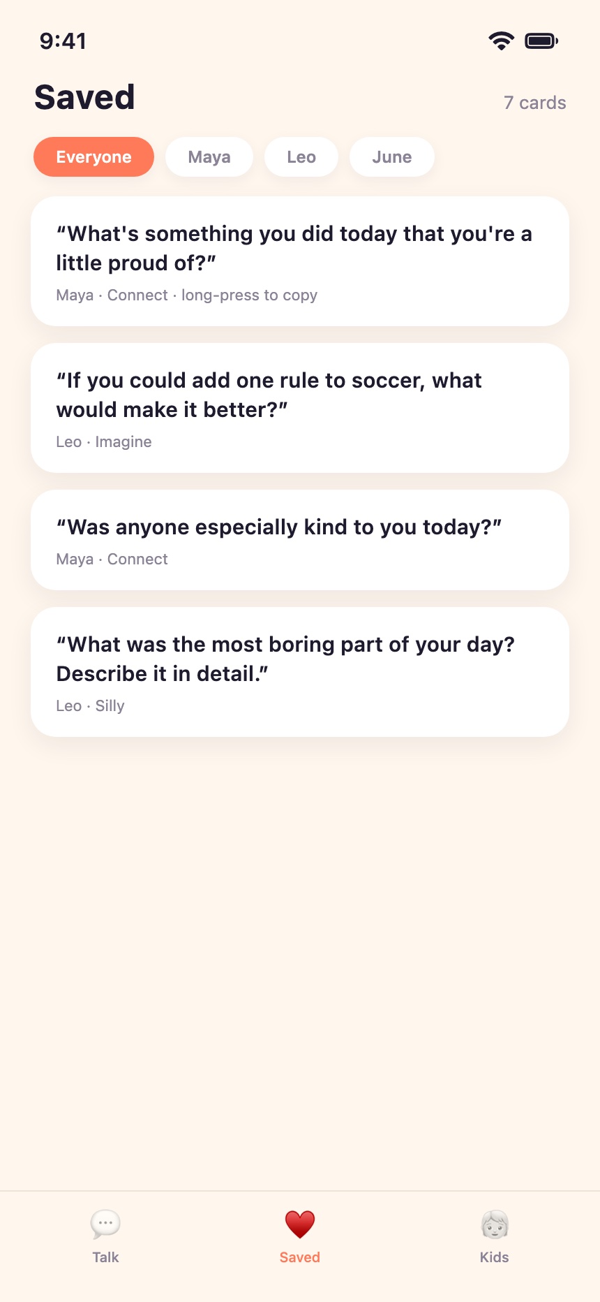 ConvoLoon Saved tab with kept cards filtered per child