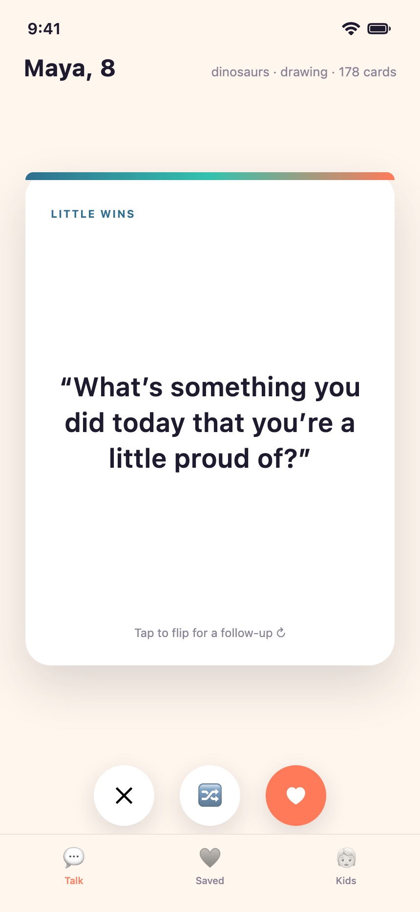 ConvoLoon Talk tab: a swipeable conversation-starter card for a child