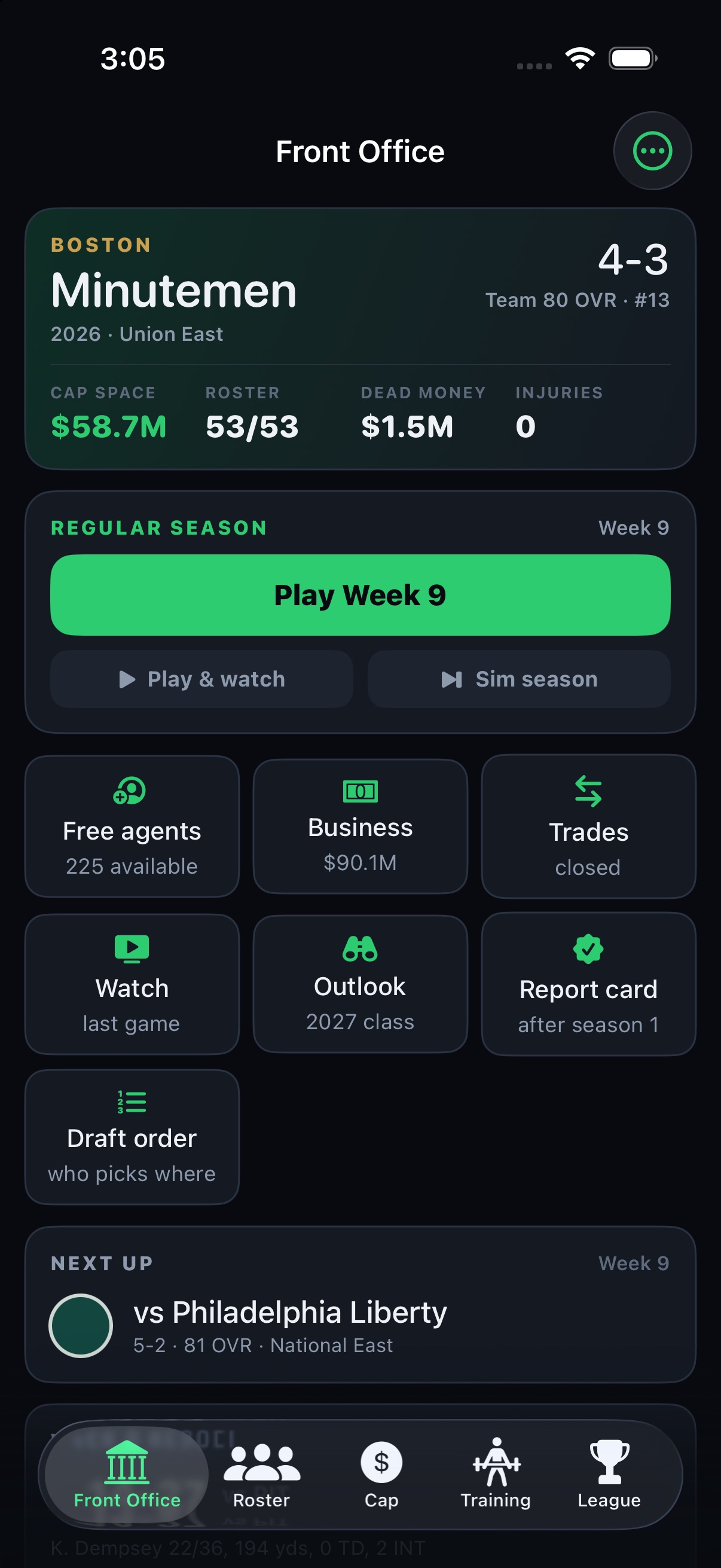 Gridiron GM front office hub showing record, cap space, and next opponent