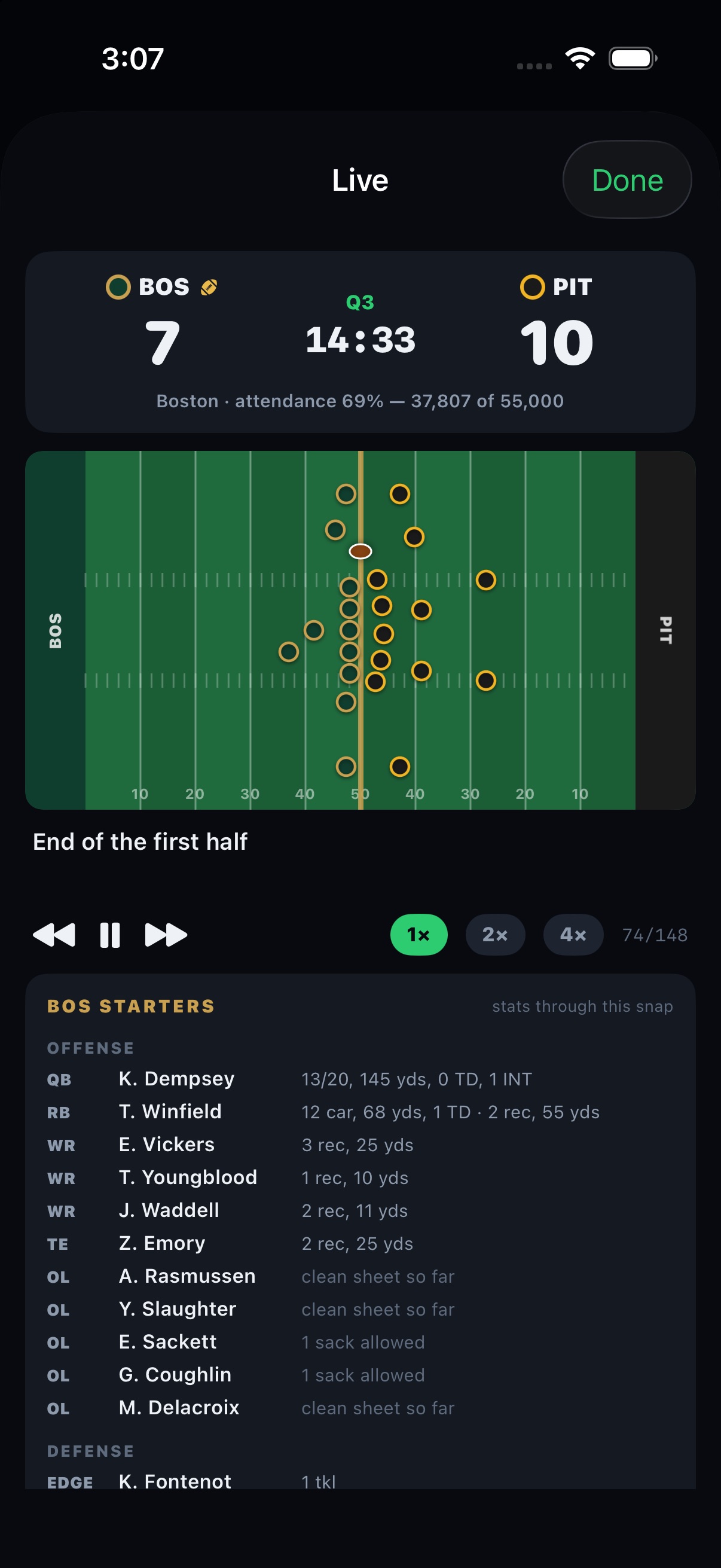 Gridiron GM live replay with player dots on the field and a running box score