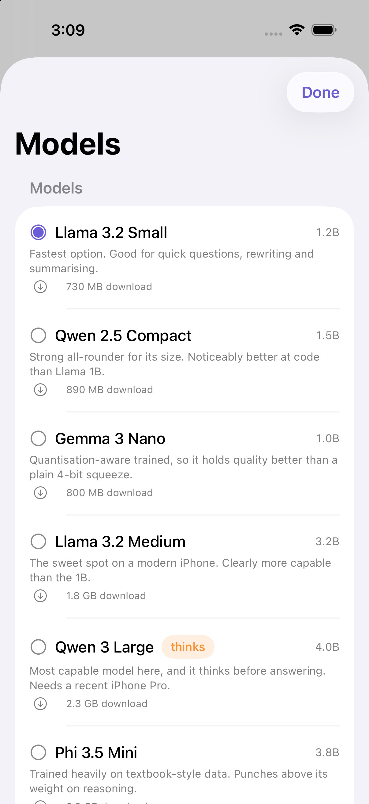 LoonAI model library listing Llama, Qwen, Gemma and Phi models with sizes