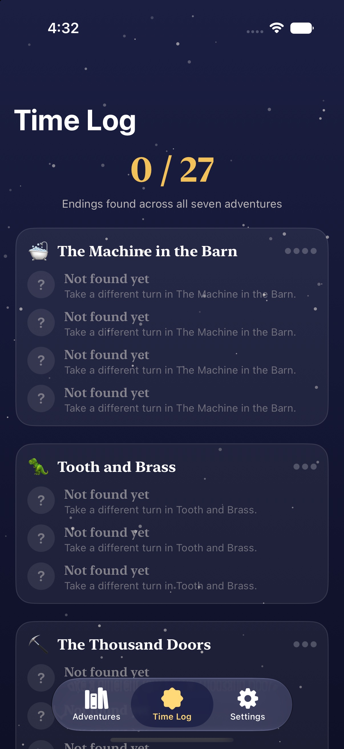 Time Log tracking endings found across all seven adventures