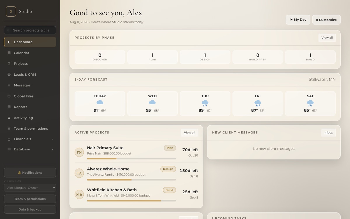 MyStudio dashboard showing projects by phase, weather, and active projects