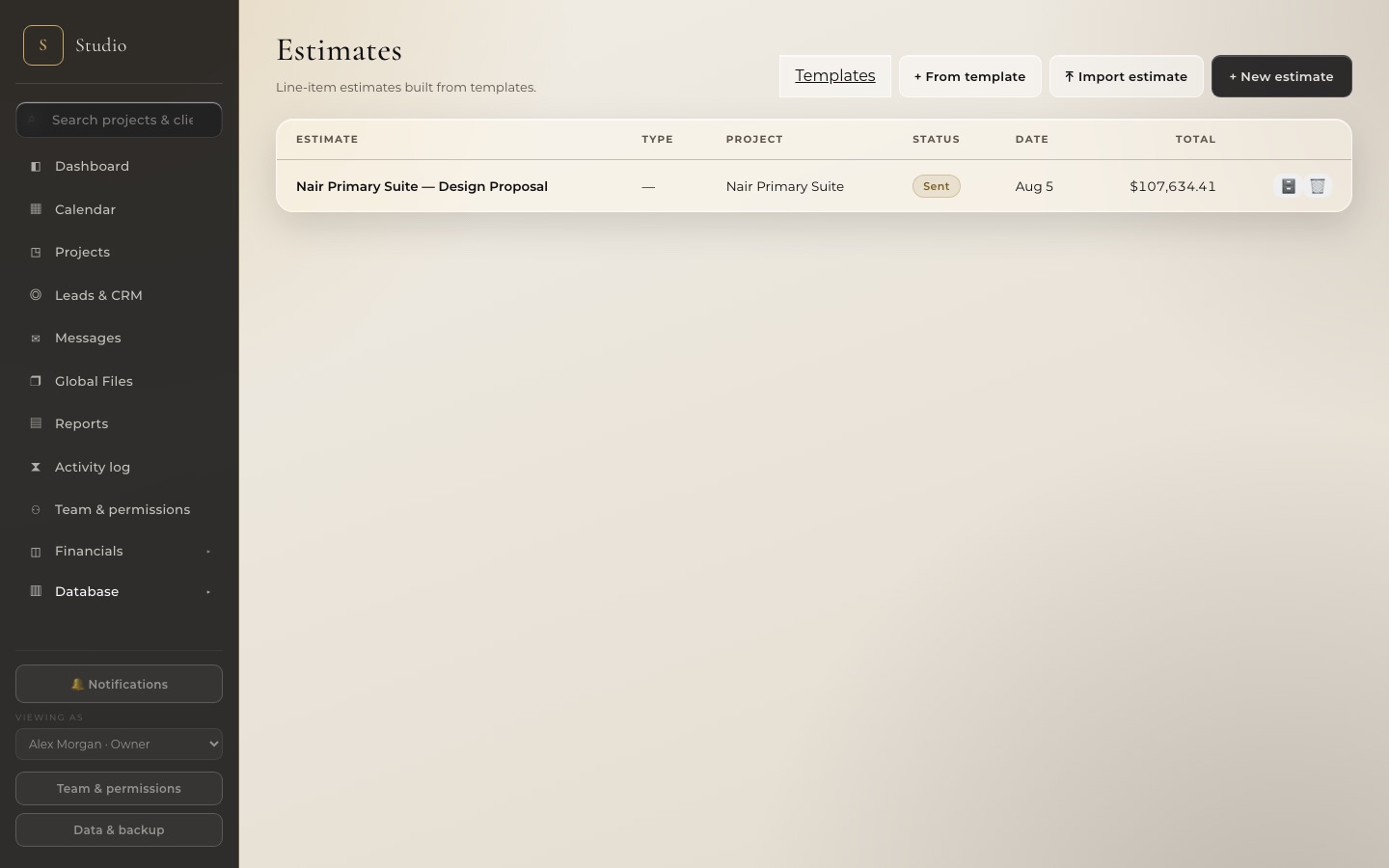 MyStudio line-item estimates built from templates