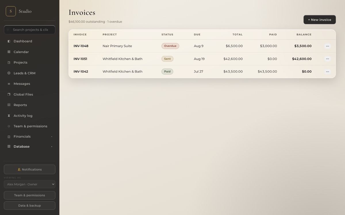 MyStudio invoices with status, totals, and balances