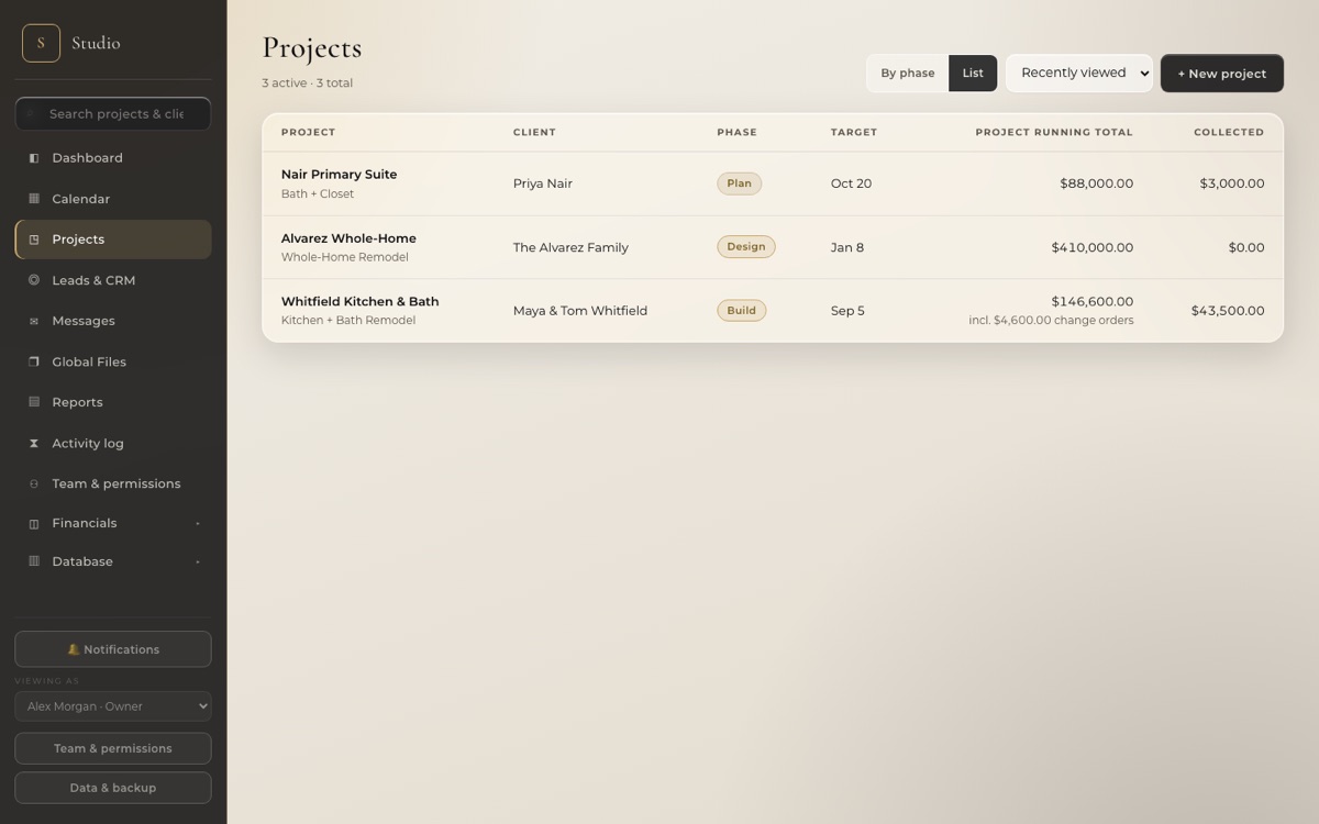 MyStudio projects list with phases, targets, running totals, and collected amounts