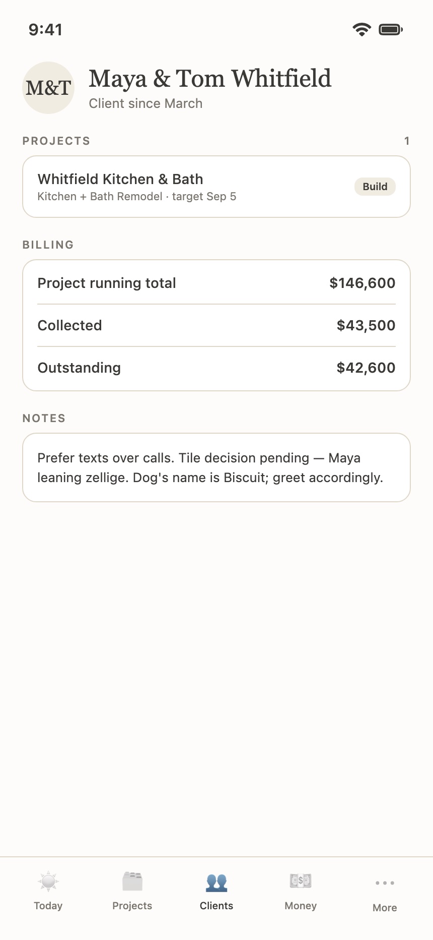 MyStudio Go client detail: projects, billing and notes