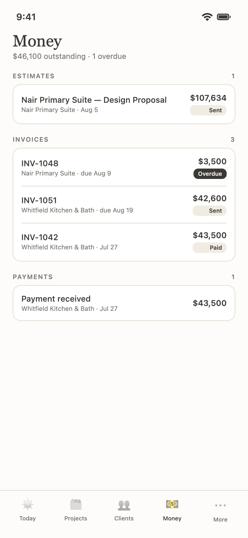 MyStudio Go Money screen: estimates, invoices and payments