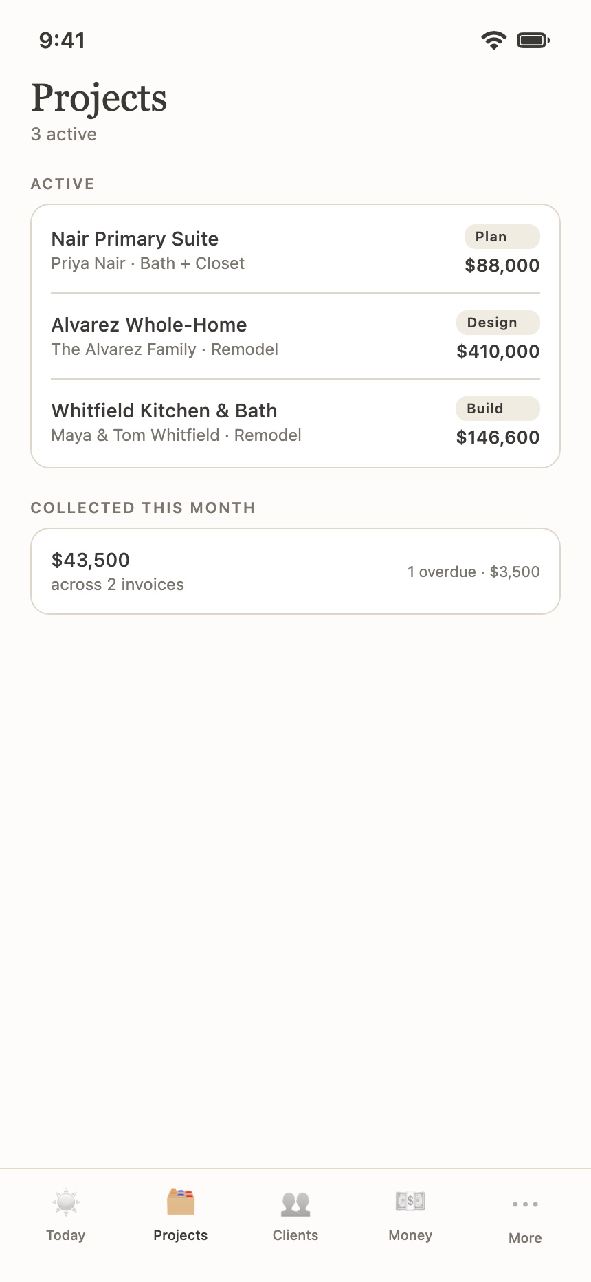 MyStudio Go Projects screen: active projects with phases and budgets