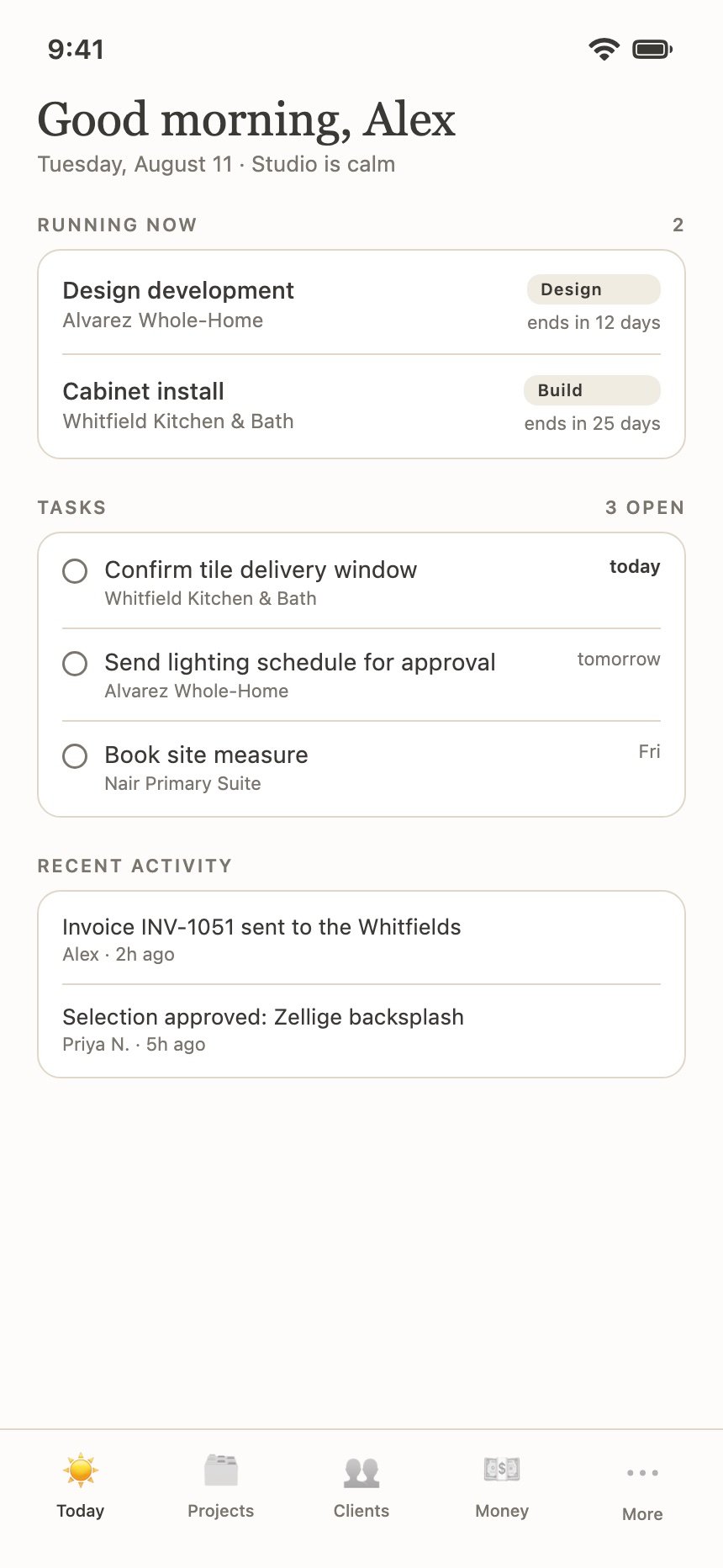 MyStudio Go Today screen: running phases, open tasks, and recent activity