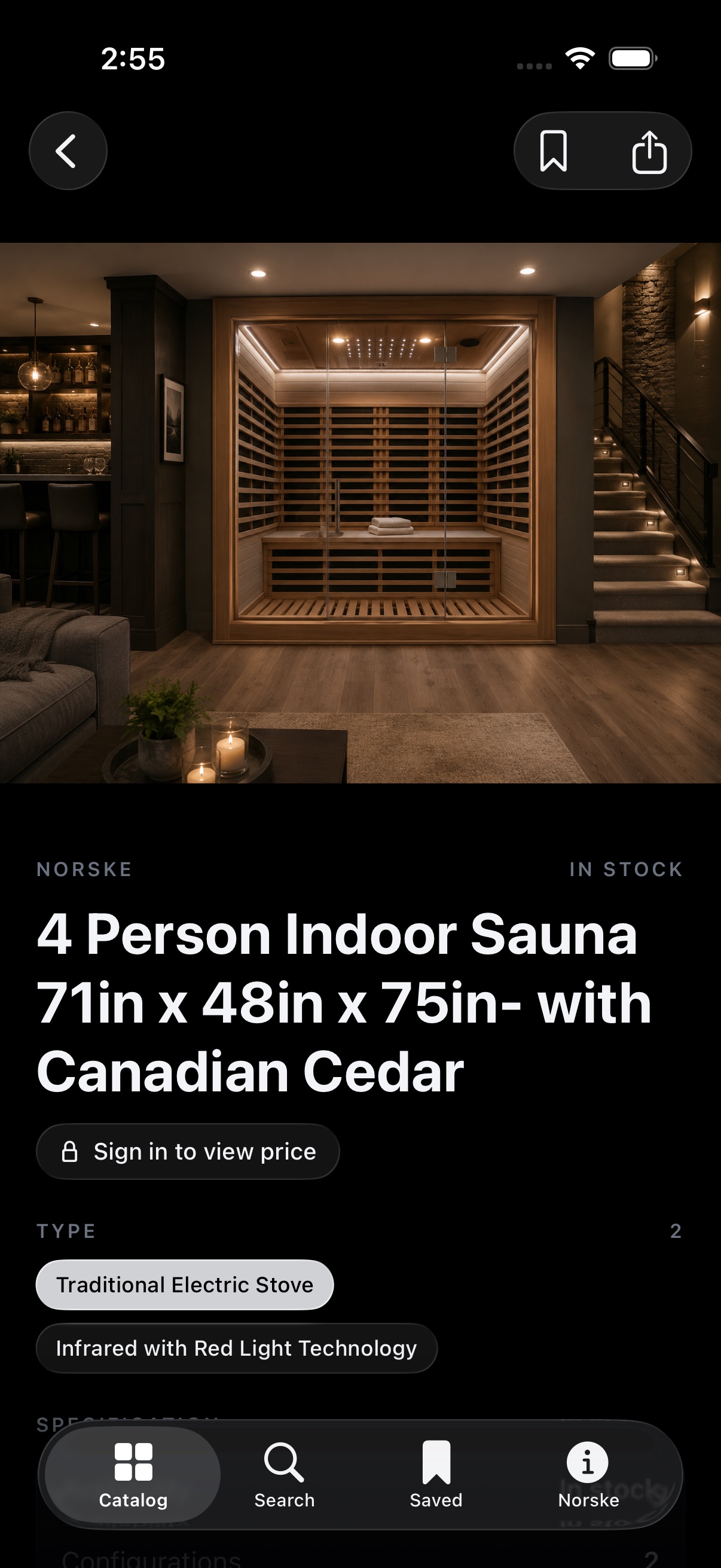 A sauna product page in the Norske app with sign-in-gated pricing