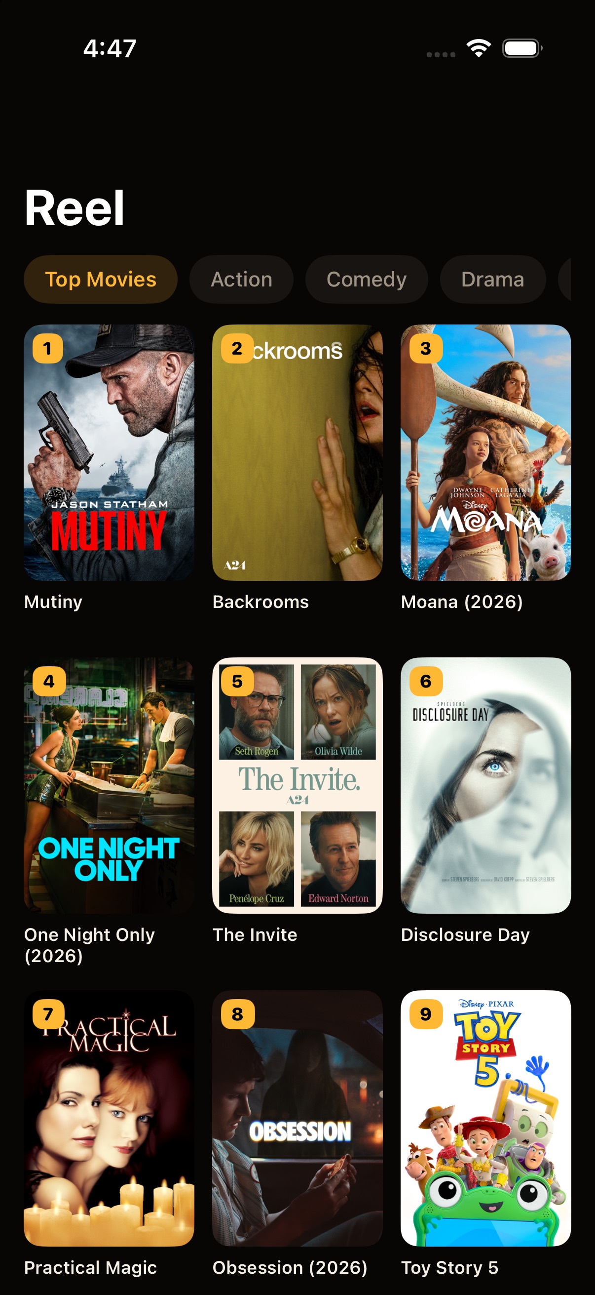 Reel home screen: a ranked grid of current top-movie posters with genre chips