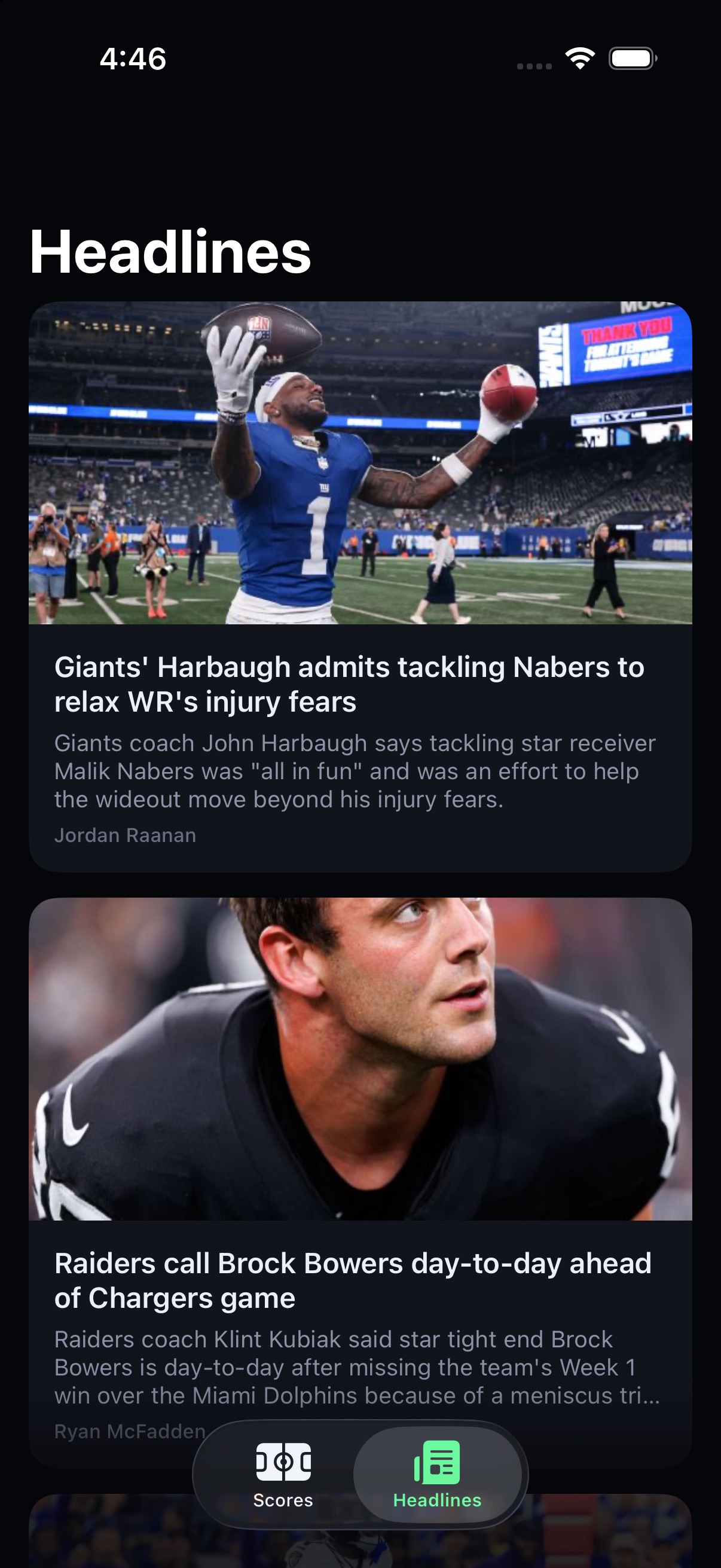 Sideline headlines tab with full-width story cards