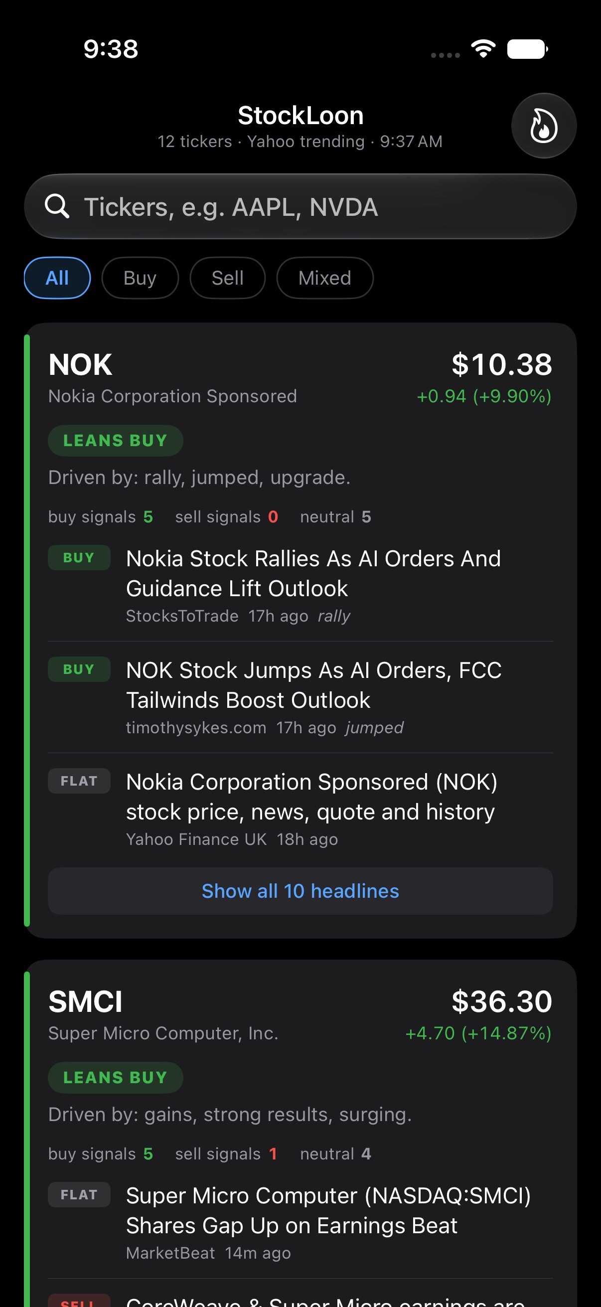 StockLoon iOS app: trending tickers with buy/sell verdicts and scored headlines, dark mode