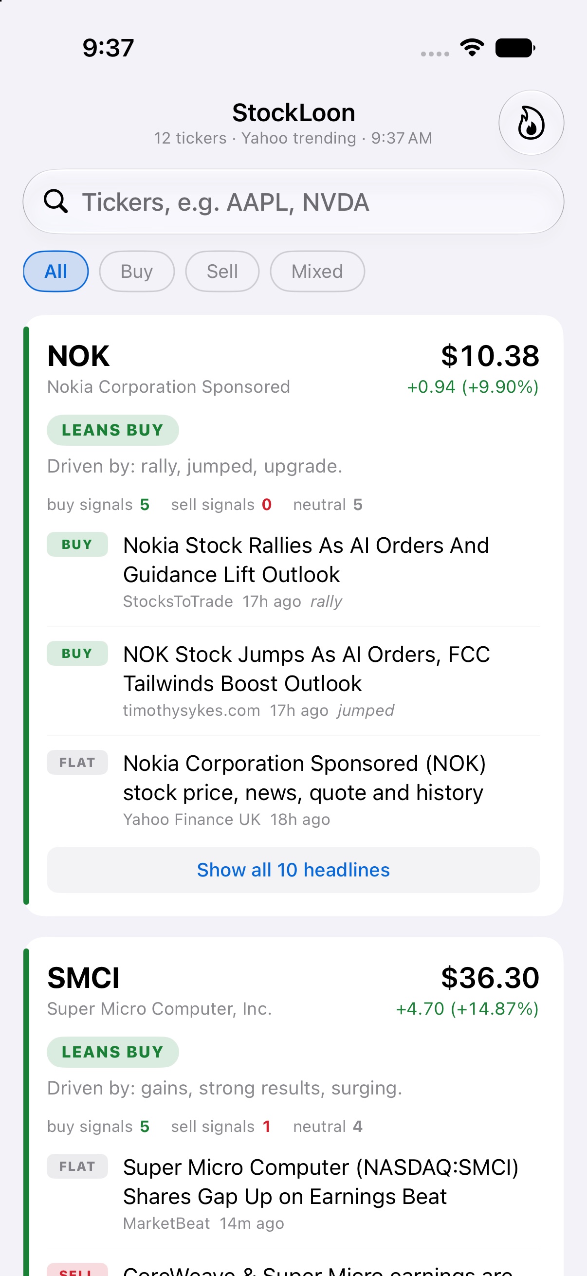 StockLoon iOS app in light mode