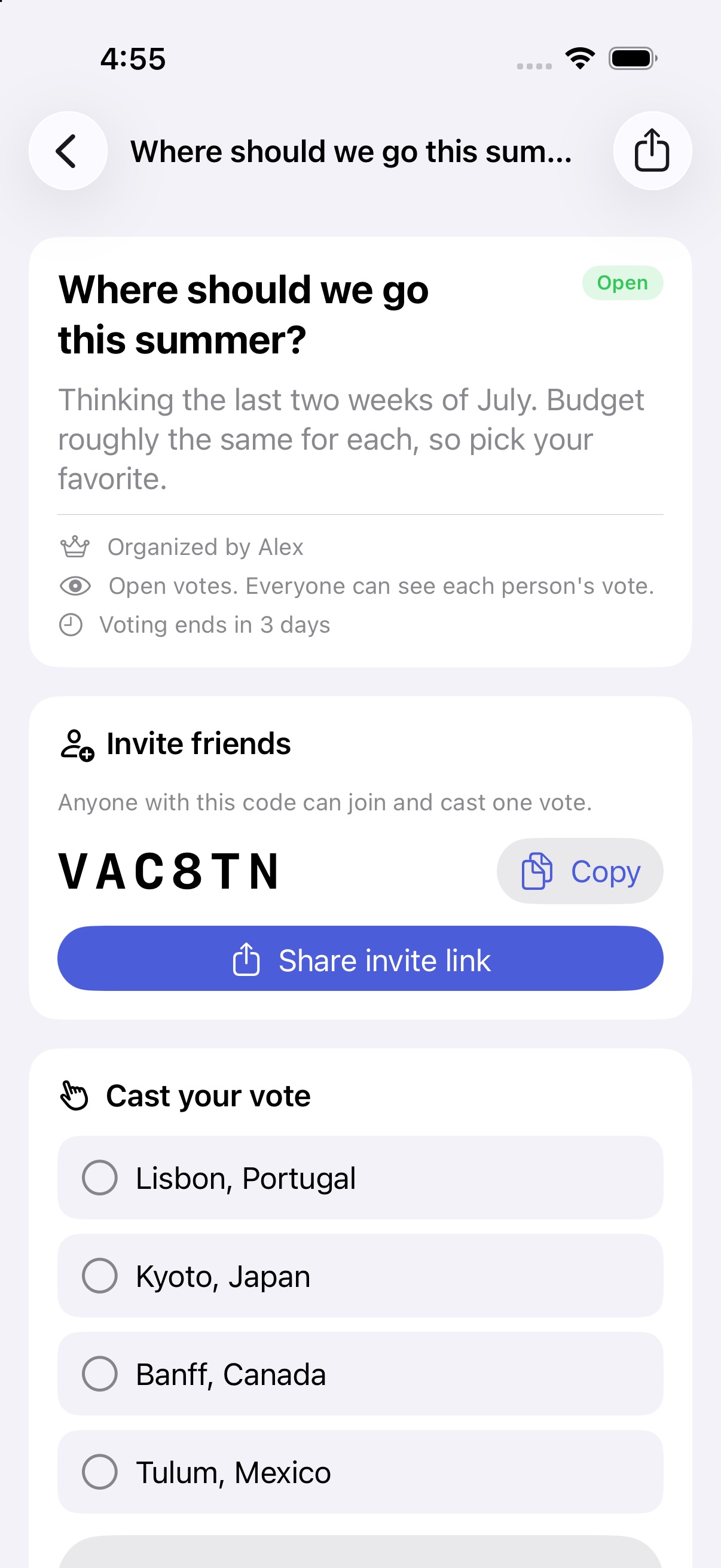 A Tally decision with the invite code, share link, and the ballot of options