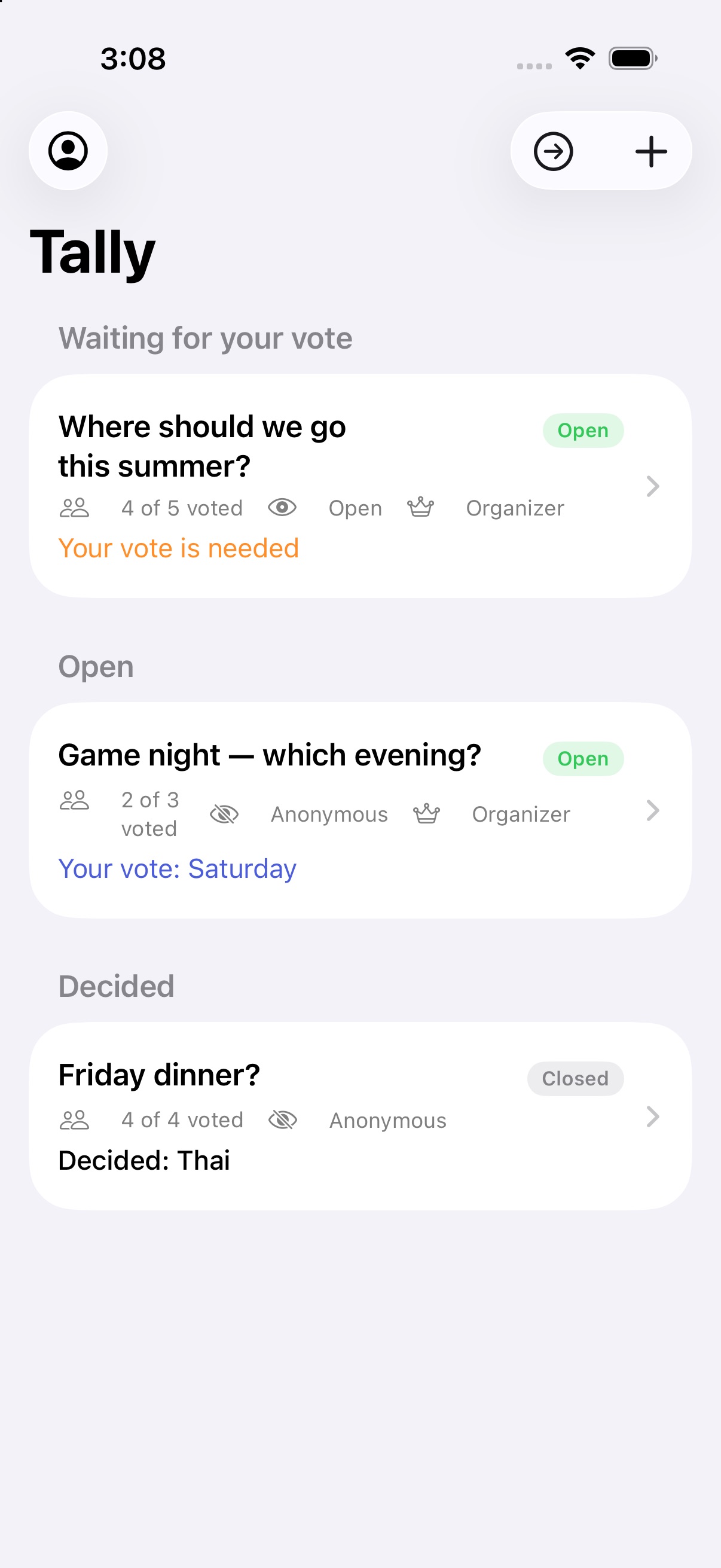 Tally home screen with decisions sorted into waiting, open, and decided