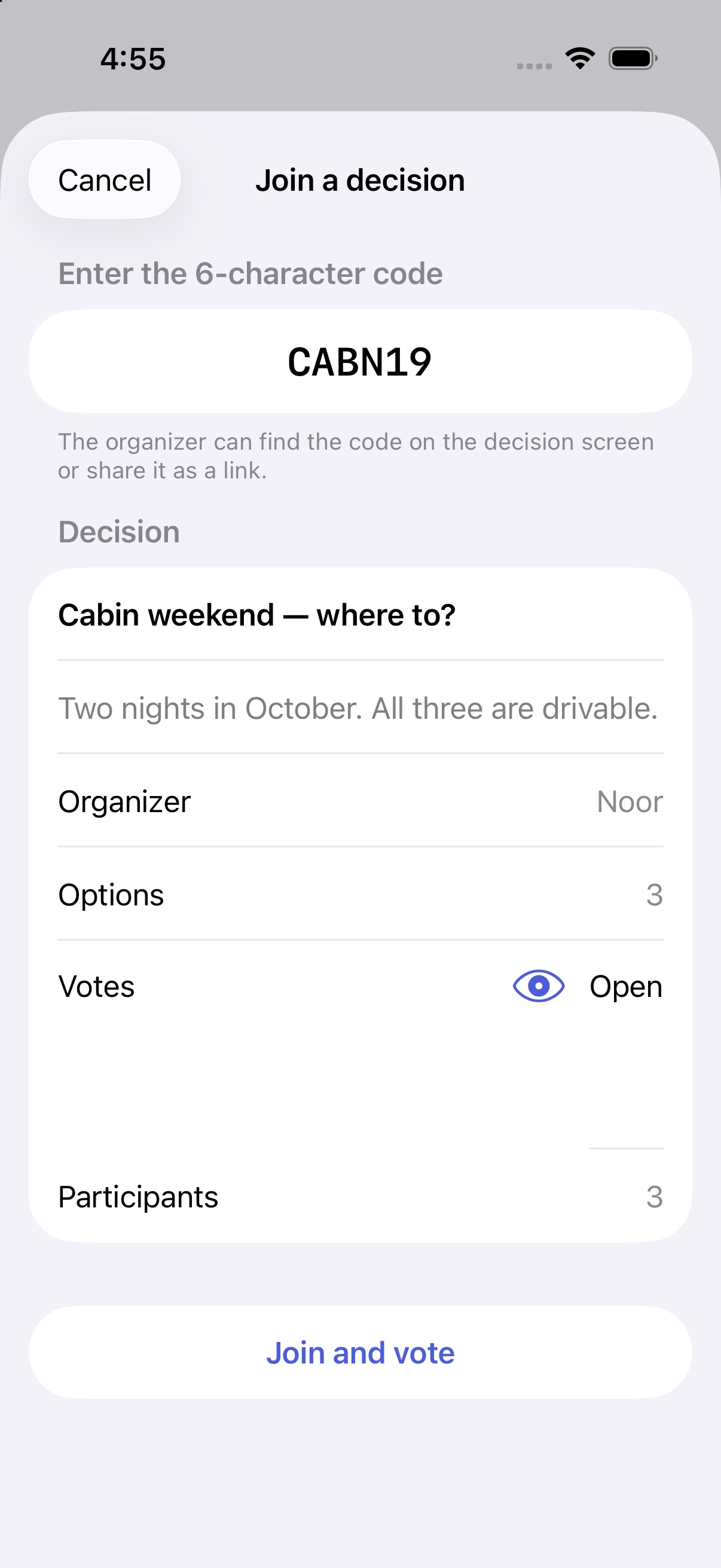 Tally's join screen previewing a decision from a 6-character code before joining