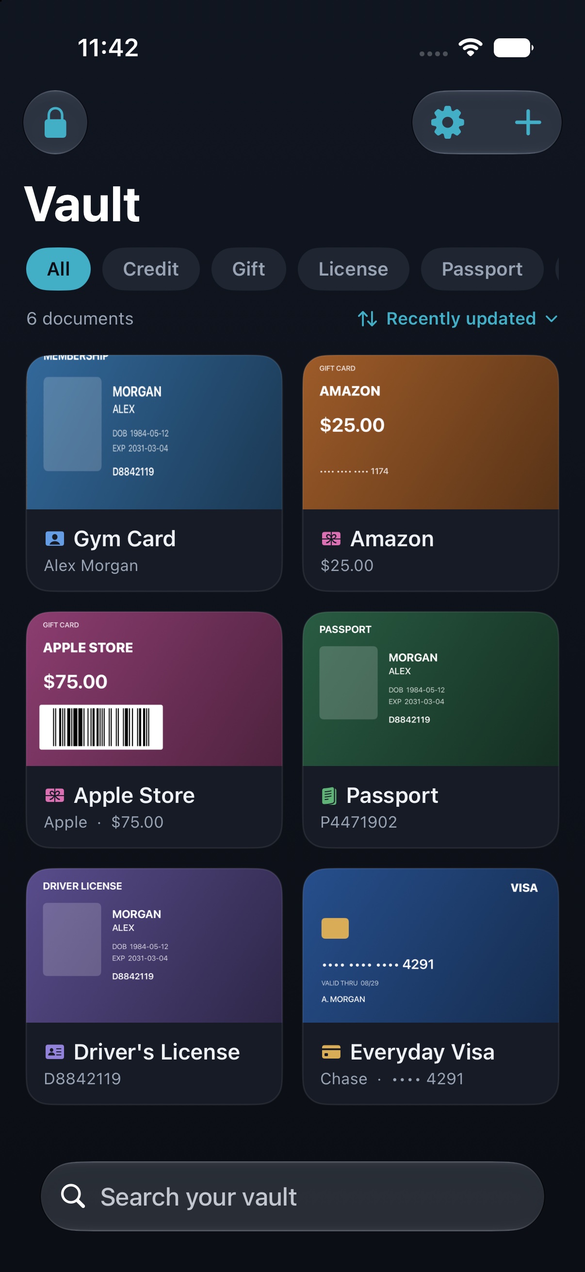 VaultLoon vault: cards, gift cards, passport and license as encrypted images