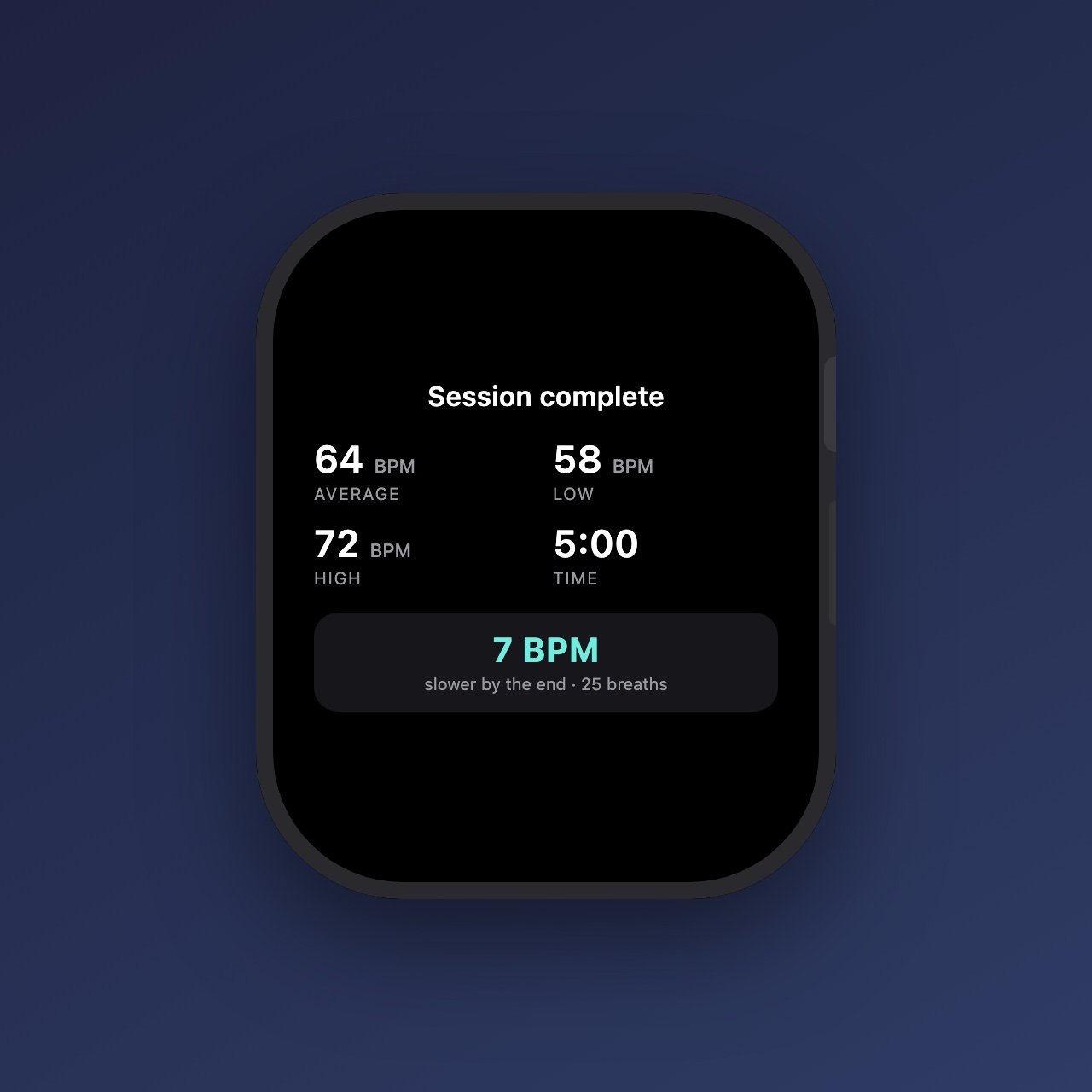 ZenBPM session summary: average, low, high BPM and how far the rate came down